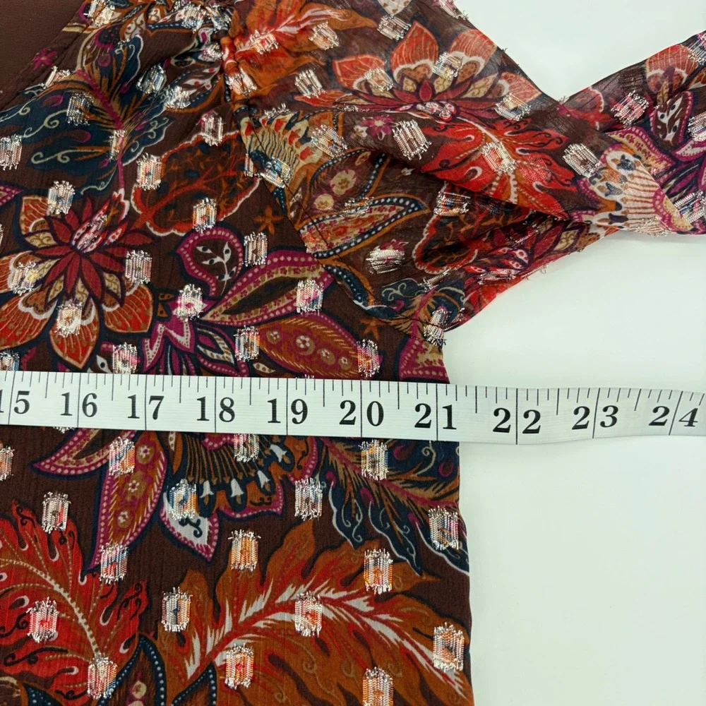 LOFT Womens Medium Burgundy Floral Metallic Clip Dot V-Neck Long Sleeve Blouse